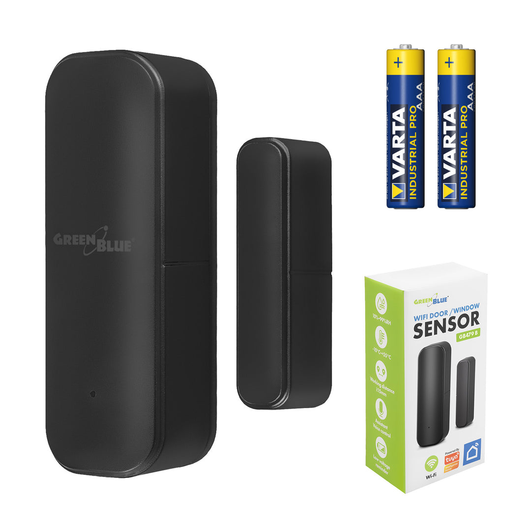 GB479 B Contatto magnetico wireless / sensore di apertura WiFi GreenBlue, Android/iOS, per porte / finestre, 3,0 V CC, LR03x2, GB479 B + 2 batterie R-03 LR03 AAA alcaline Varta Industrial 4003
