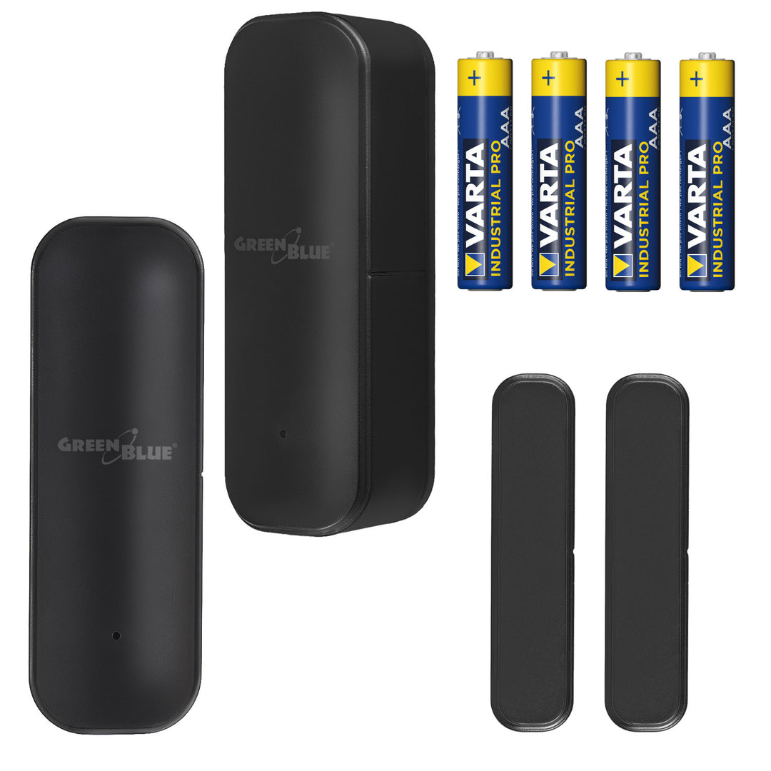 Contatto magnetico wireless / sensore di apertura WiFi GreenBlue, Android/iOS, per porte / finestre, 3,0 V CC, LR03x2, GB479 B 2 pezzi + 4 batterie alcaline AAA Varta Industrial 4003