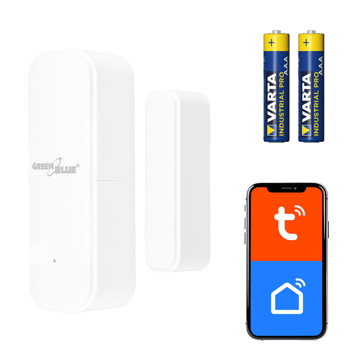 Contatto magnetico wireless / sensore di apertura WiFi GreenBlue, Android/iOS, per porte / finestre, 3,0 V CC, LR03x2, GB479 W + 2 batterie R-03 LR03 AAA alcaline Varta Industrial 4003
