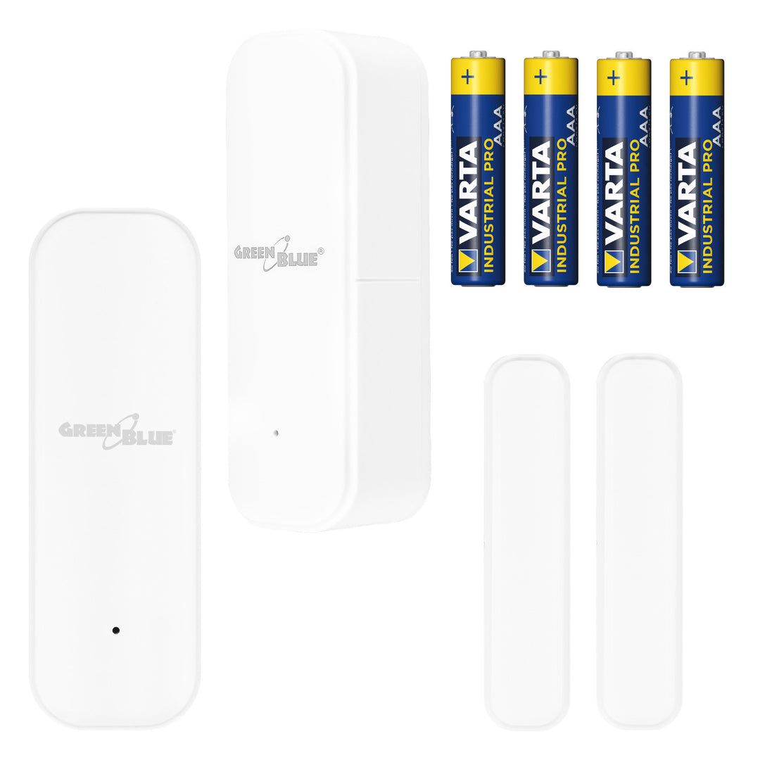 Contatto magnetico wireless / sensore di apertura WiFi GreenBlue, Android/iOS, per porte / finestre, 3,0 V CC, LR03x2, GB479, 2 pezzi  + 4 batterie alcaline AAA Varta Industrial 4003
