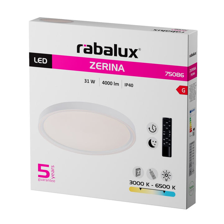 Lampada da soffitto Rabalux Zerina, 31 W, IP40, bianca, 3000-6500 K, funzione memoria, con telecomando, funzione timer, effetto luce notturna, 75086