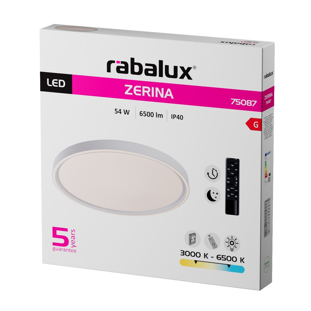Lampada da soffitto Rabalux Zerina, 54 W, IP40, bianca, 3000-6500 K, funzione memoria, con telecomando, funzione timer, effetto luce notturna, 75087