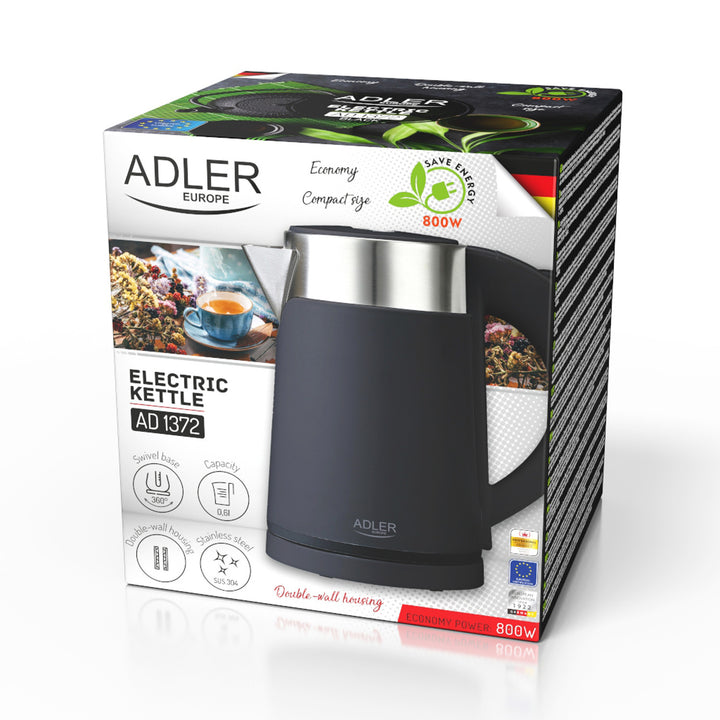 Bollitore elettrico Adler, in metallo, 0,6 L, silenzioso, potenza 800 W, nero. AD 1372