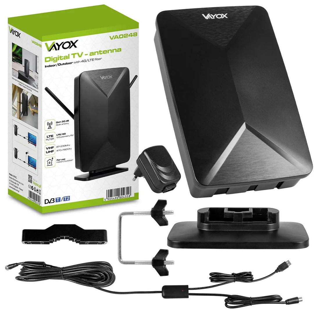 Antenna attiva, da interno, da esterno, DVB-T2, TV terrestre 4K, Vayox