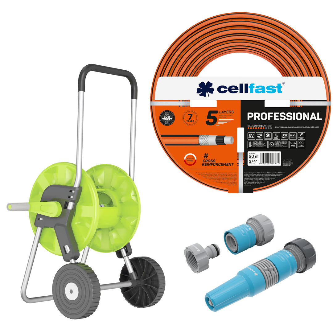 Tubo da giardino Cellfast, PROFESSIONAL 3/4" 20 m + Carrello portatubo Cellfast Economic 1/2" 45 m + Set con irrigatore a getto diritto 3/4" IDEAL
