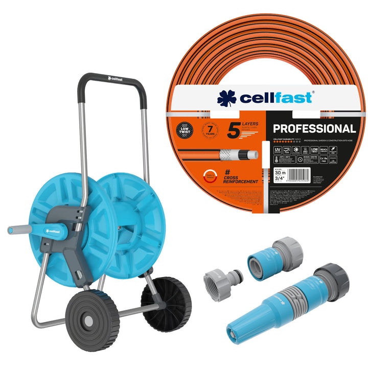 Tubo da giardino Cellfast, PROFESSIONAL 3/4" 30 m + Set con irrigatore a getto diritto 3/4" IDEAL + Carrello per tubo Cellfast Aluplus 1/2" 60 m