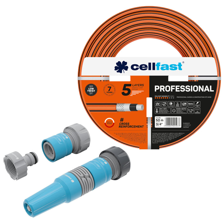 Tubo da giardino Cellfast, PROFESSIONAL 3/4" 50 m + Set con irrigatore diritto 3/4" IDEAL