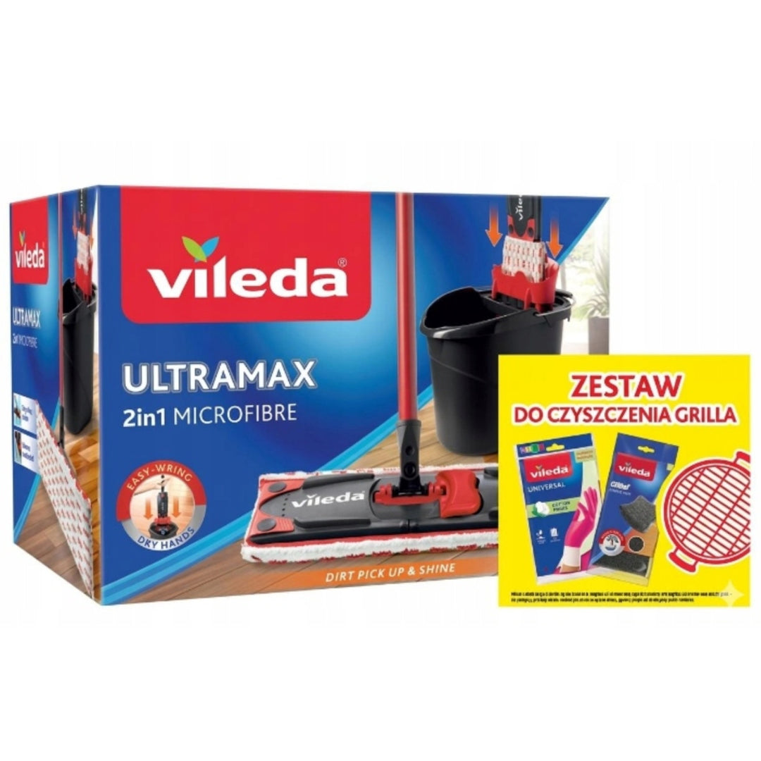 Set composto da mop piatto Ultramax + guanti Universal + spugna Glitzi (2 pezzi) Vileda, sistema di sgocciolamento senza contatto, due tipi di fibre, 177453