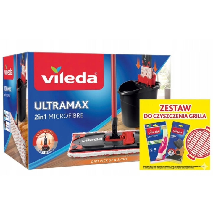 Set composto da mop piatto Ultramax + guanti Universal + spugna Glitzi (2 pezzi) Vileda, sistema di sgocciolamento senza contatto, due tipi di fibre, 177453