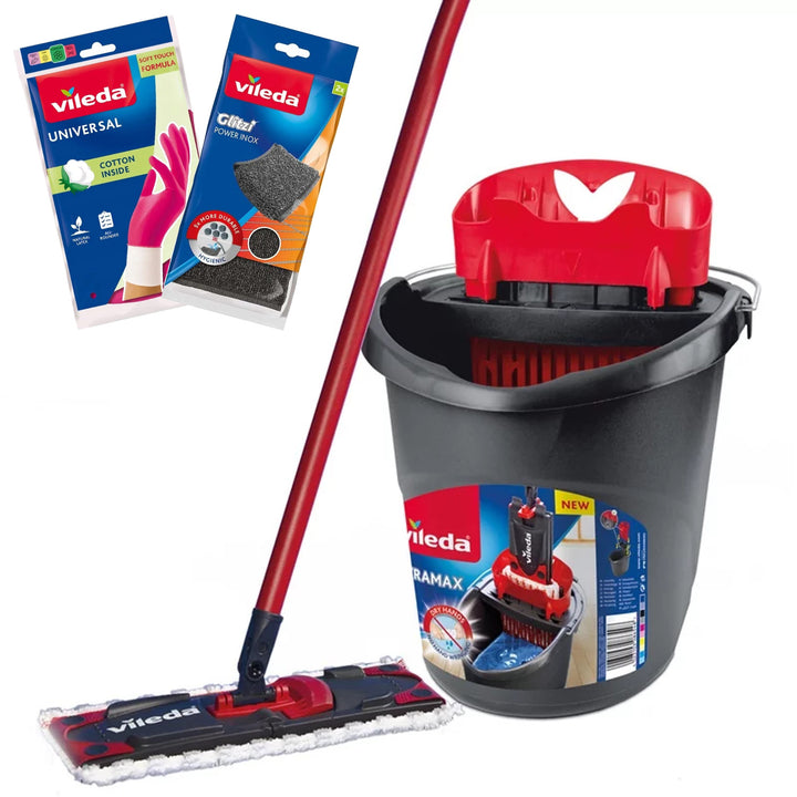 Set composto da mop piatto Ultramax + guanti Universal + spugna Glitzi (2 pezzi) Vileda, sistema di sgocciolamento senza contatto, due tipi di fibre, 177453