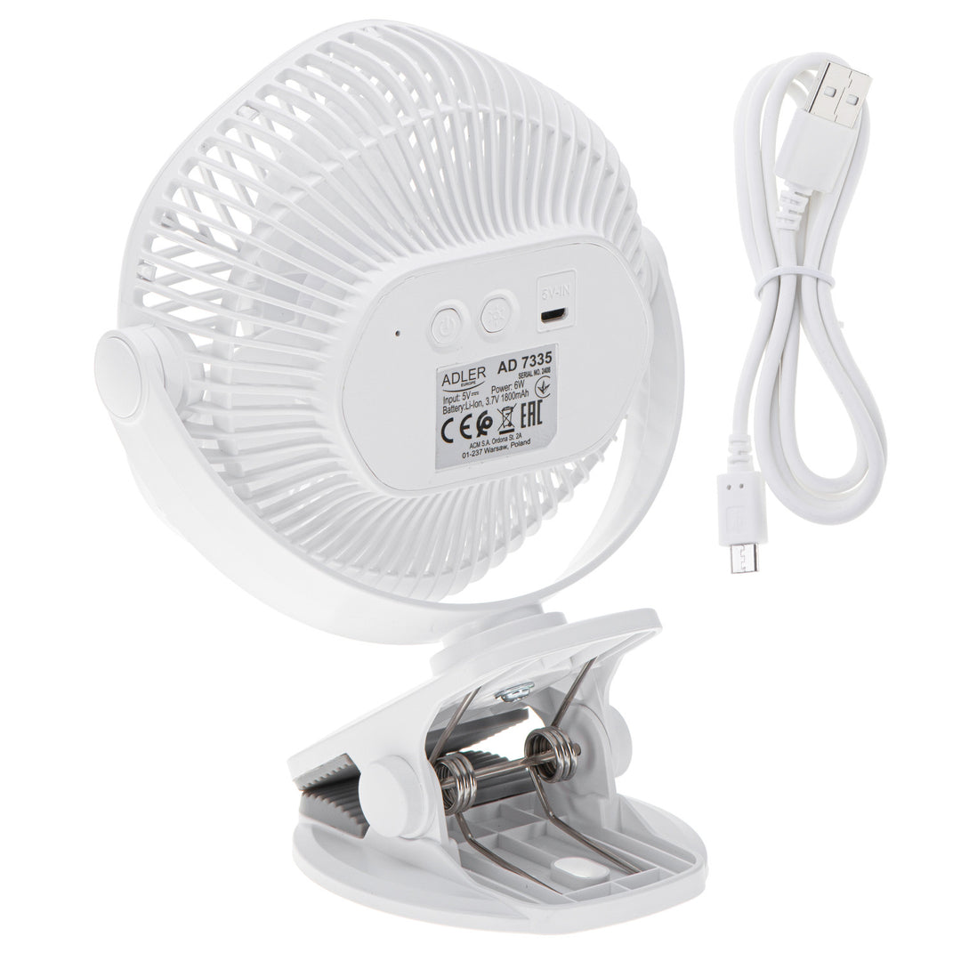 Ventilatore a batteria da 5"/12,7 cm con clip - USB / LED, AD 7335, Adler