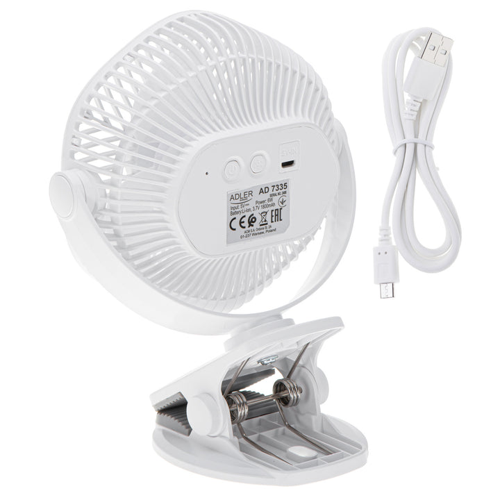 Ventilatore a batteria da 5"/12,7 cm con clip - USB / LED, AD 7335, Adler