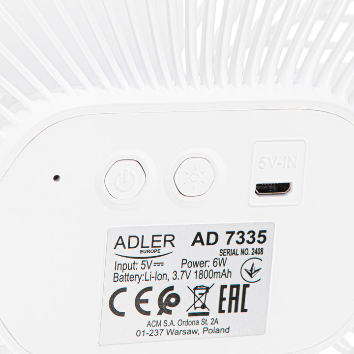 Ventilatore a batteria da 5"/12,7 cm con clip - USB / LED, AD 7335, Adler