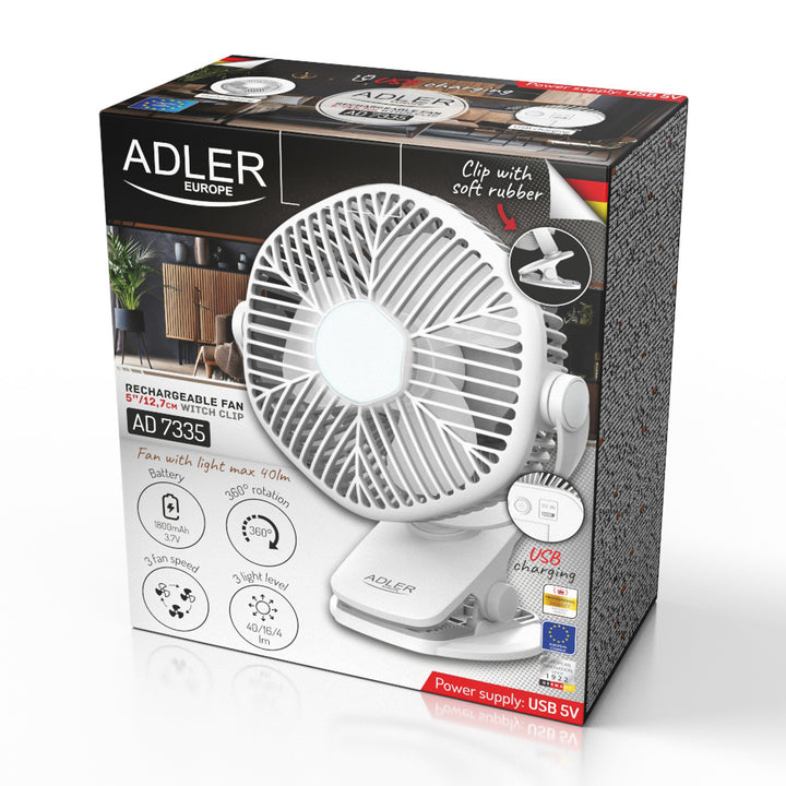 Ventilatore a batteria da 5"/12,7 cm con clip - USB / LED, AD 7335, Adler