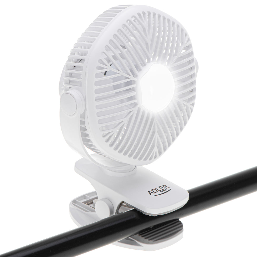 Ventilatore a batteria da 5"/12,7 cm con clip - USB / LED, AD 7335, Adler
