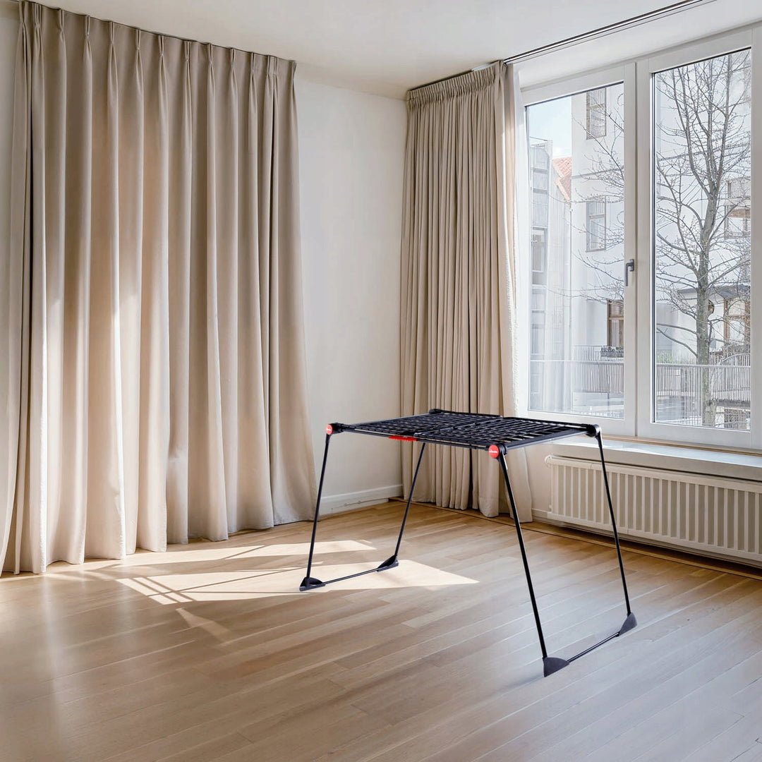 Stendibiancheria Vileda Infinity Flex Ultimate, colore nero, fino a 30 m di superficie di asciugatura, estensibile, struttura rialzata, ganci per la biancheria, rotelle integrate, 179620