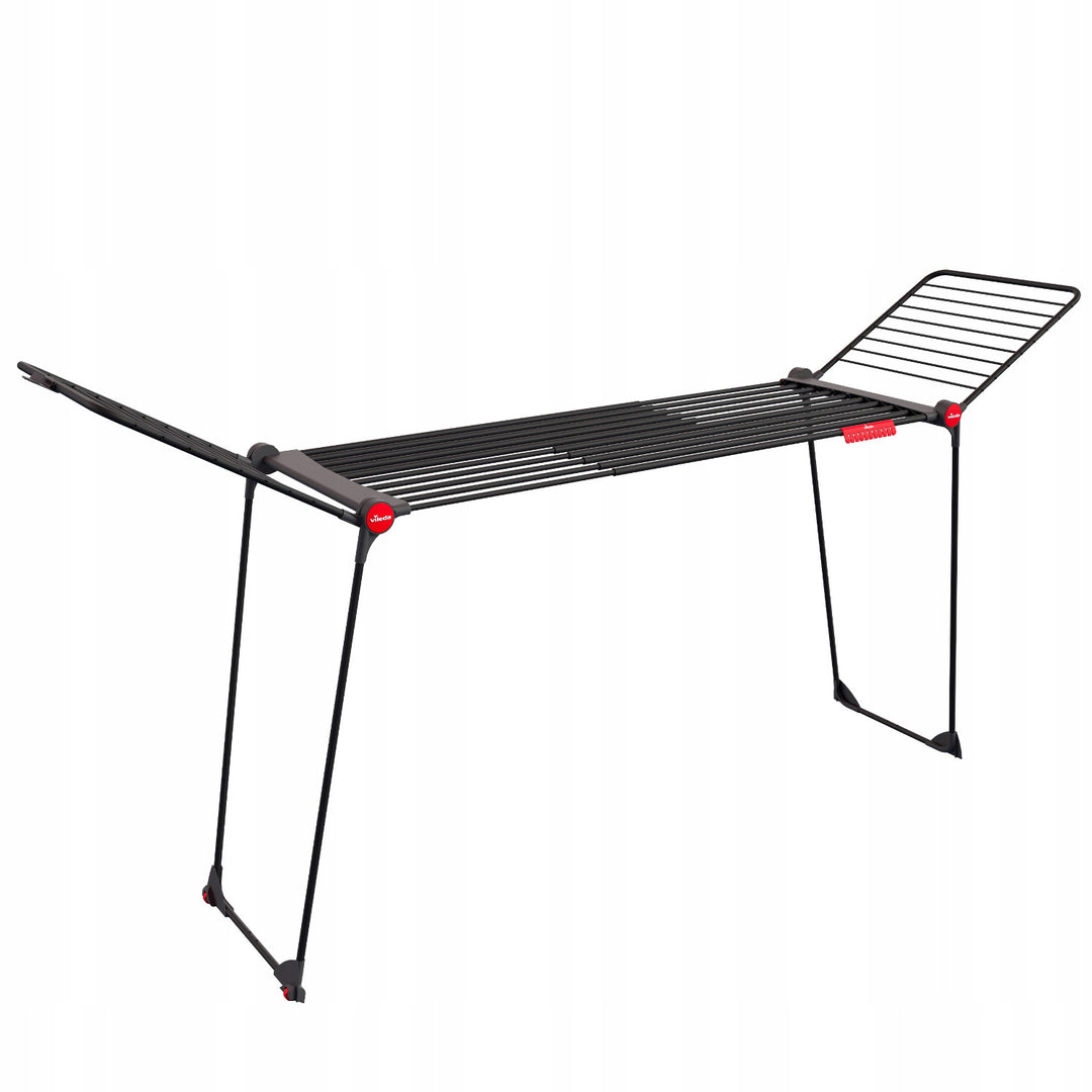 Stendibiancheria Vileda Infinity Flex Ultimate, colore nero, fino a 30 m di superficie di asciugatura, estensibile, struttura rialzata, ganci per la biancheria, rotelle integrate, 179620