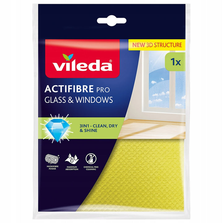 Panno Vileda Actifibre Pro per vetri e finestre, lavabile in lavatrice, rivestimento in PVA, senza aloni né macchie, pulisce solo con acqua, 183298