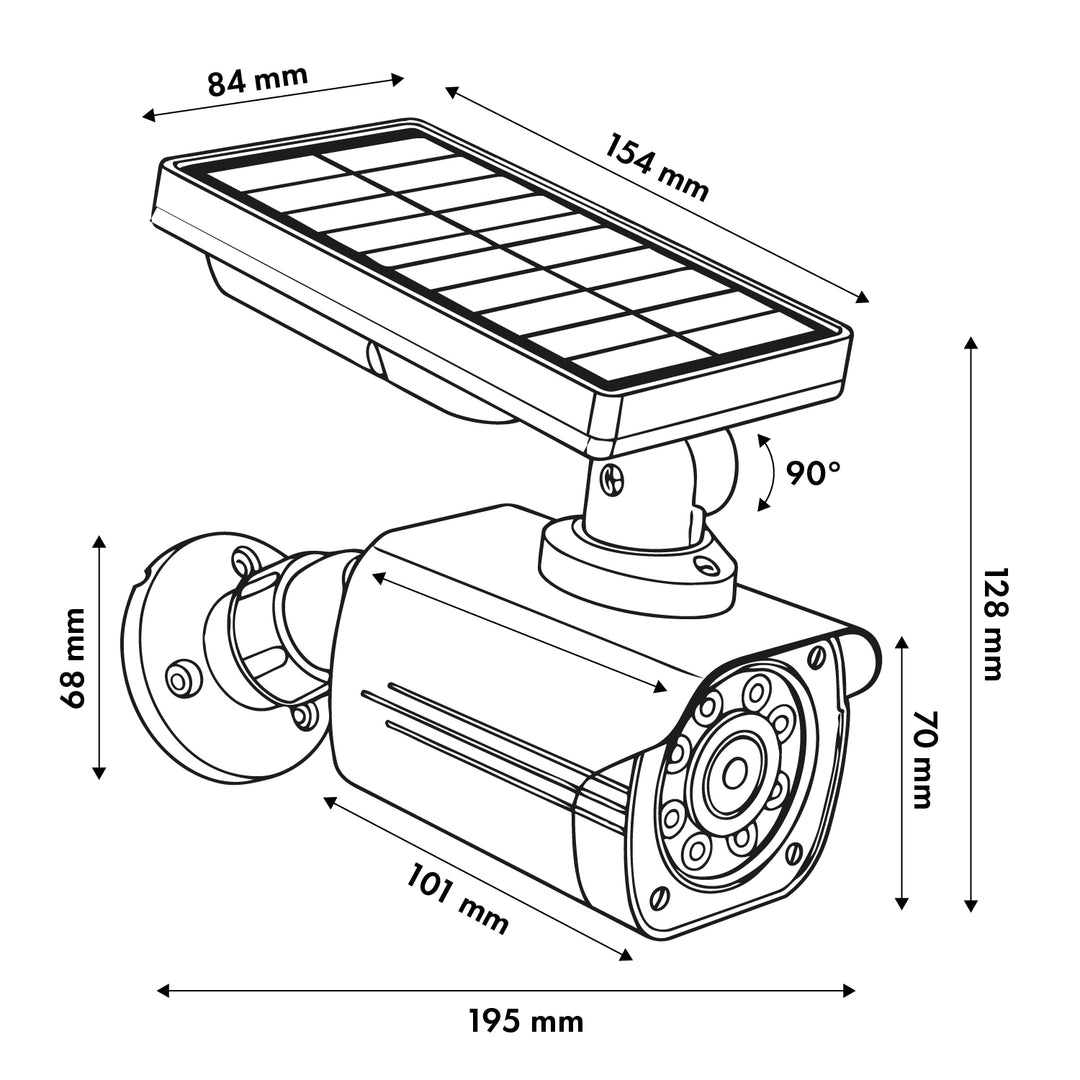 Falsa telecamera solare, LED lampeggiante, sensore di movimento, illuminazione a LED, adesivi inclusi, SOL1800S/B, 2 pezzi