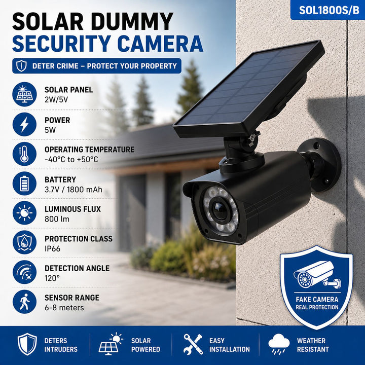 Falsa telecamera solare, LED lampeggiante, sensore di movimento, illuminazione a LED, adesivi inclusi, SOL1800S/B, 2 pezzi