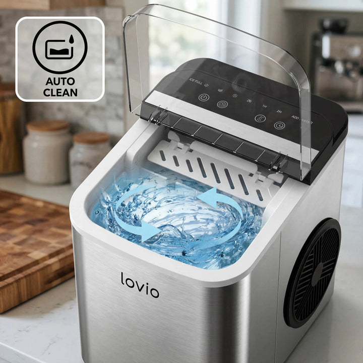 Macchina per il ghiaccio domestica Lovio Crystal Ice Plus, in acciaio, color argento, ghiaccio istantaneo