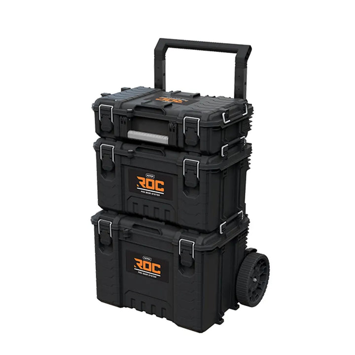 Set di 3 cassette portautensili Keter ROC Pro Gear 2.0, capacità totale 110 L, protezione IP65, maniglia telescopica rimovibile, chiusura con lucchetto, 256982