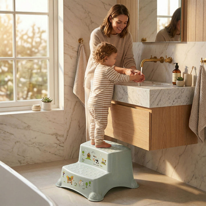 Piattaforma per bambini a due gradini Keeeper, con funzione antiscivolo, serie "Funny Farm", portata fino a 120 kg, 1003132006300