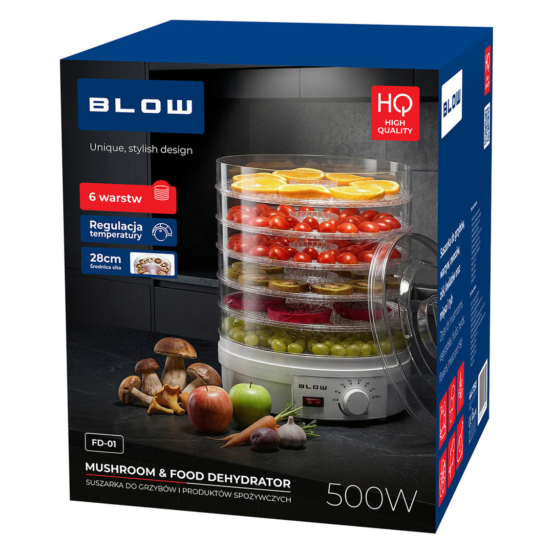 Essiccatore per funghi, verdura e frutta Blow, potenza 500 W, 6 vassoi inclusi, regolazione della temperatura 35-75 °C, 44-175