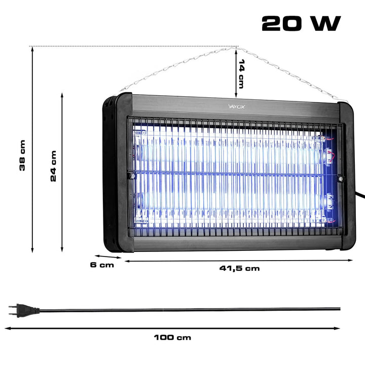 Lampada elettrostatica per zanzare, mosche e falene, trappola elettrica, UV, 20 W, Vayox, 2 pezzi