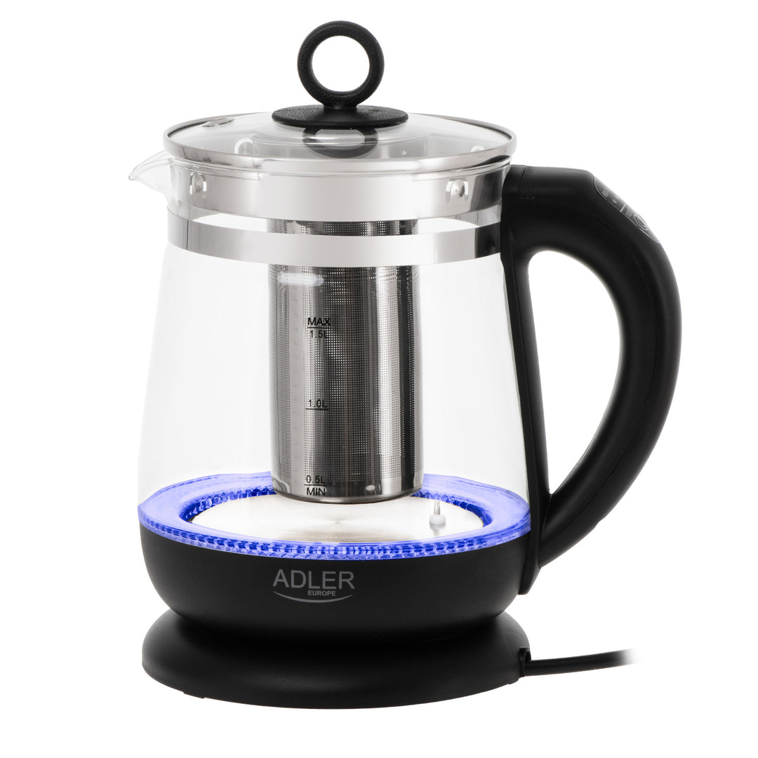 Bollitore in vetro da 1,5 L con infusore e regolazione della temperatura, 2200 W, LED 60–100 °C, Adler AD 1299 nero