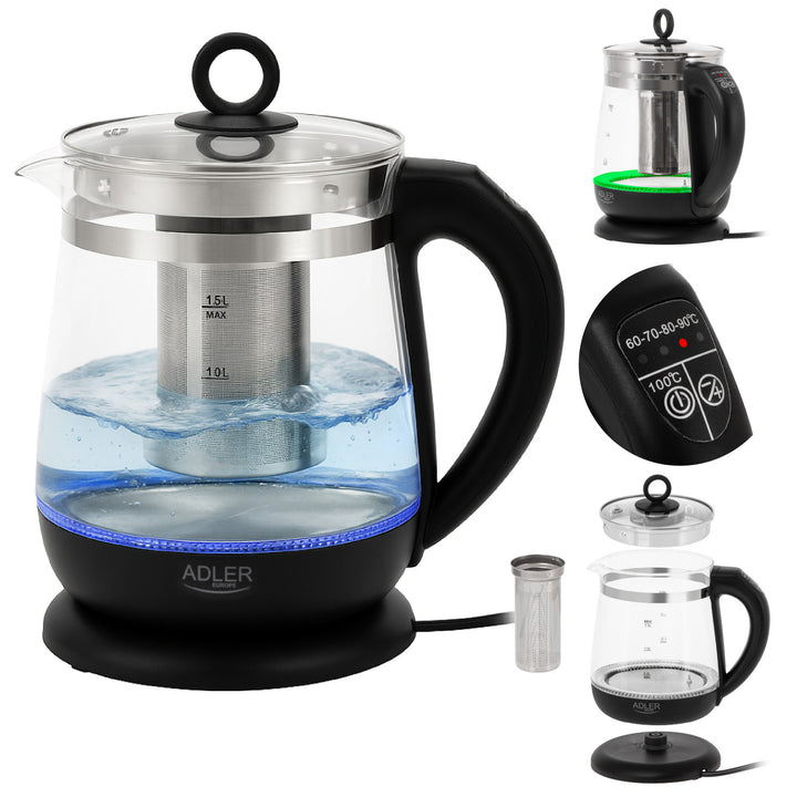 Bollitore in vetro da 1,5 L con infusore e regolazione della temperatura, 2200 W, LED 60–100 °C, Adler AD 1299 nero
