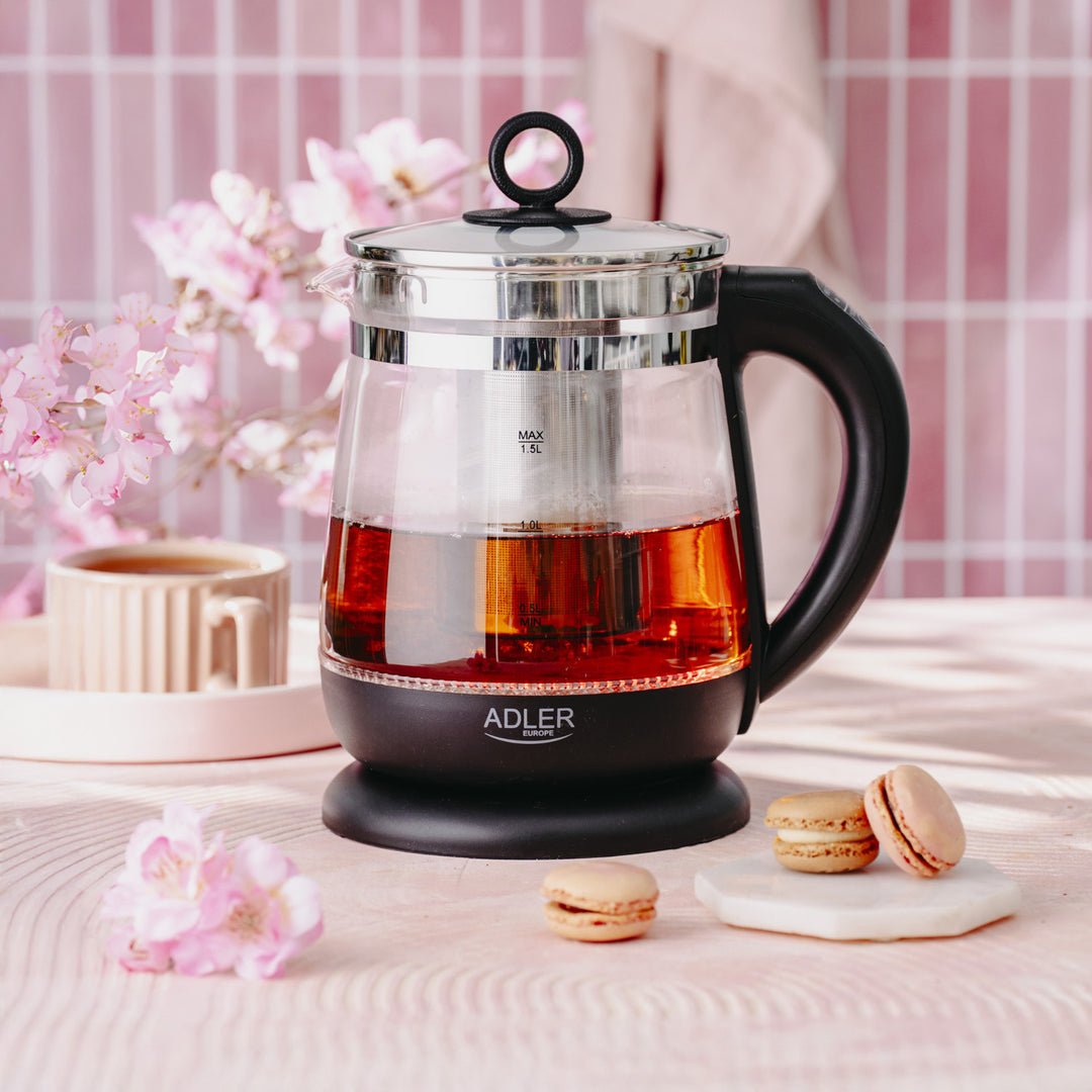 Bollitore in vetro da 1,5 L con infusore e regolazione della temperatura, 2200 W, LED 60–100 °C, Adler AD 1299 nero