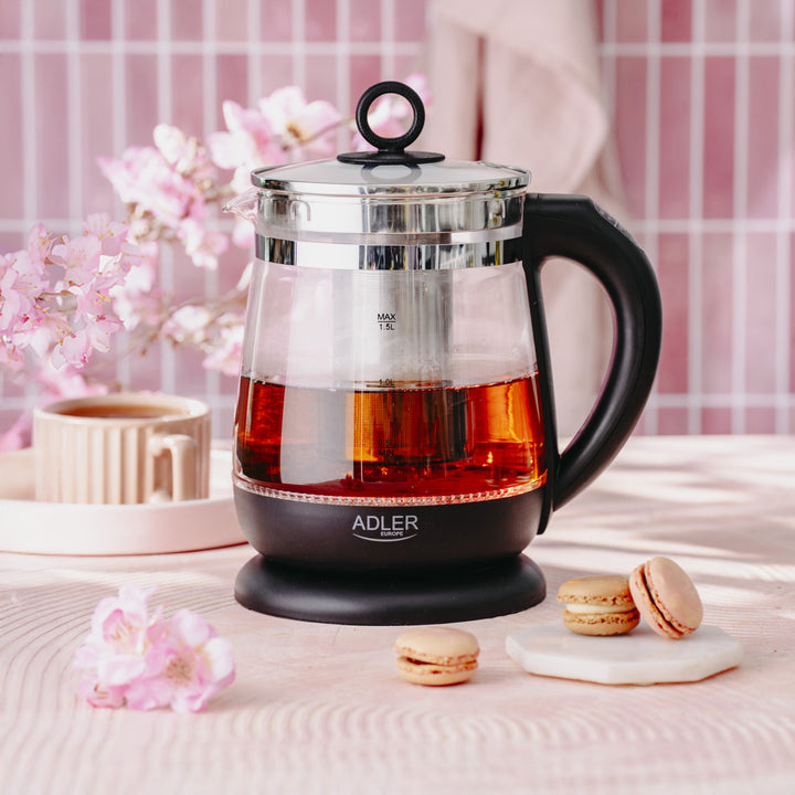Bollitore in vetro da 1,5 L con infusore e regolazione della temperatura, 2200 W, LED 60–100 °C, Adler AD 1299 nero