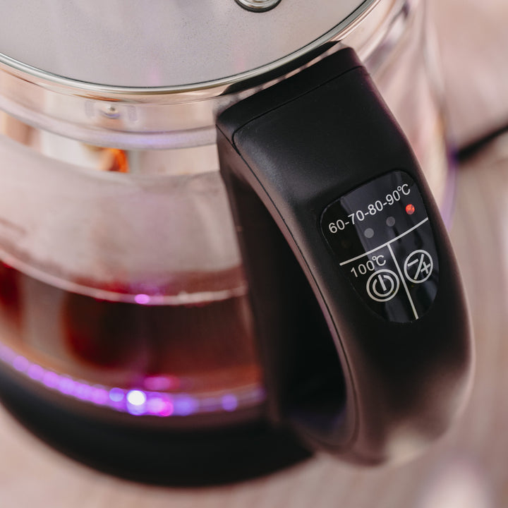Bollitore in vetro da 1,5 L con infusore e regolazione della temperatura, 2200 W, LED 60–100 °C, Adler AD 1299 nero