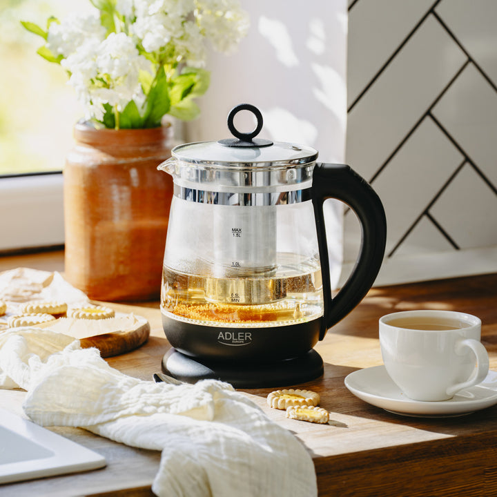 Bollitore in vetro da 1,5 L con infusore e regolazione della temperatura, 2200 W, LED 60–100 °C, Adler AD 1299 nero