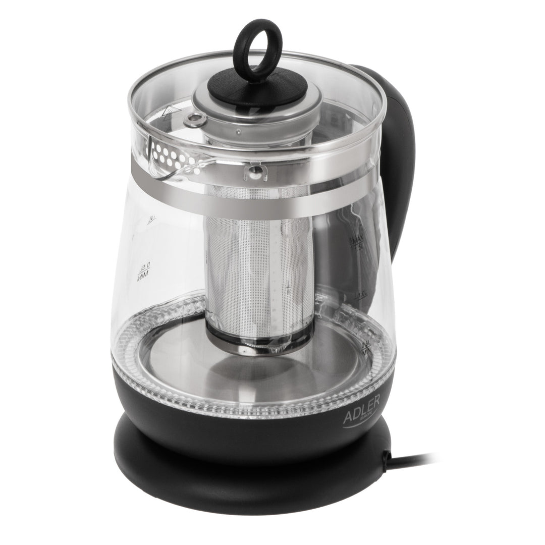 Bollitore in vetro da 1,5 L con infusore e regolazione della temperatura, 2200 W, LED 60–100 °C, Adler AD 1299 nero