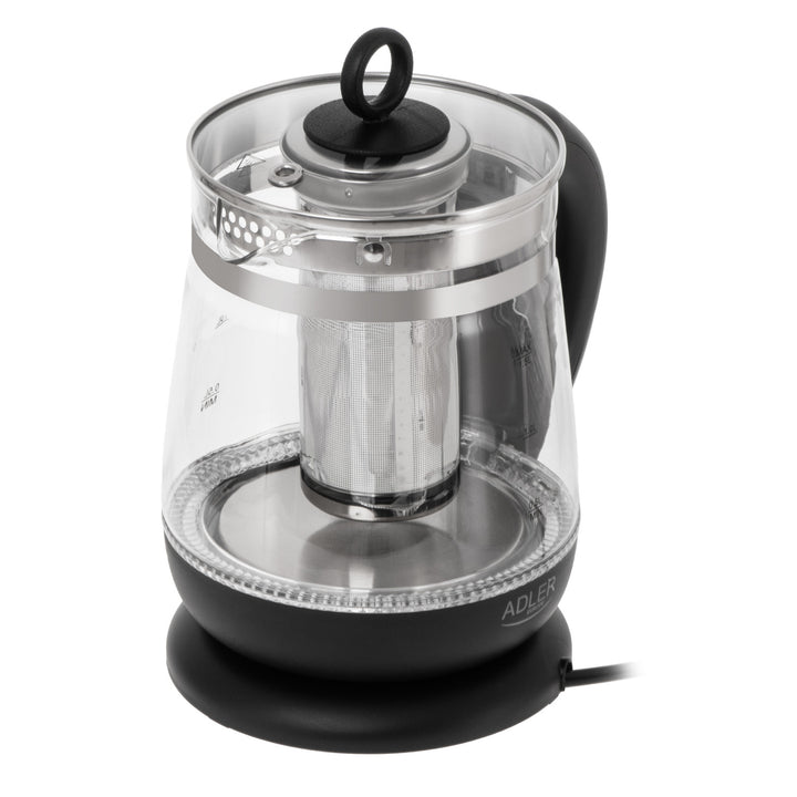 Bollitore in vetro da 1,5 L con infusore e regolazione della temperatura, 2200 W, LED 60–100 °C, Adler AD 1299 nero