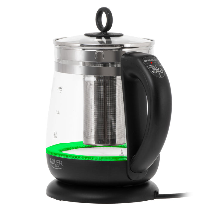 Bollitore in vetro da 1,5 L con infusore e regolazione della temperatura, 2200 W, LED 60–100 °C, Adler AD 1299 nero