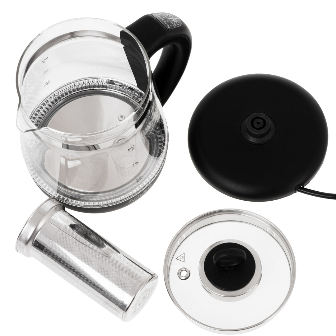 Bollitore in vetro da 1,5 L con infusore e regolazione della temperatura, 2200 W, LED 60–100 °C, Adler AD 1299 nero