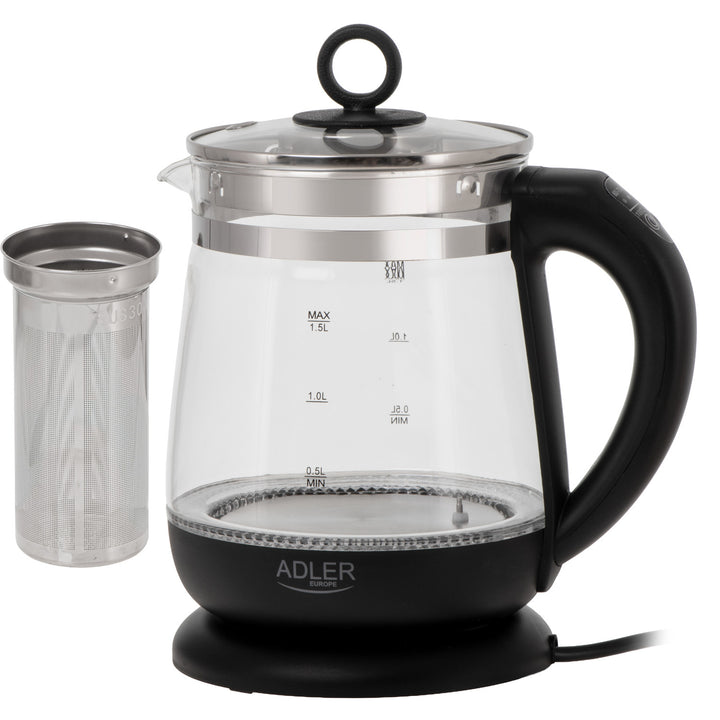 Bollitore in vetro da 1,5 L con infusore e regolazione della temperatura, 2200 W, LED 60–100 °C, Adler AD 1299 nero