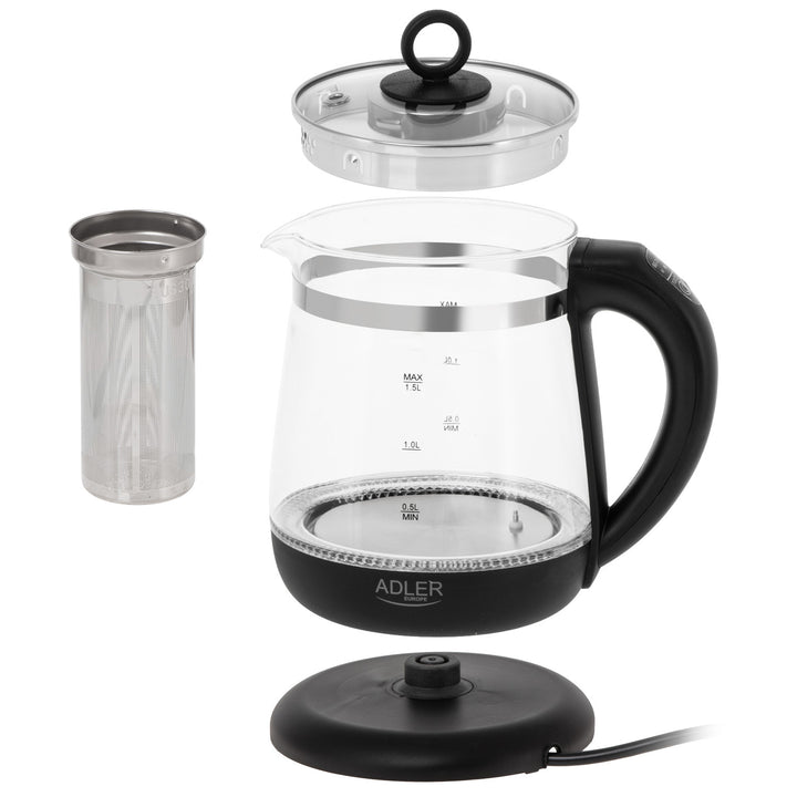 Bollitore in vetro da 1,5 L con infusore e regolazione della temperatura, 2200 W, LED 60–100 °C, Adler AD 1299 nero