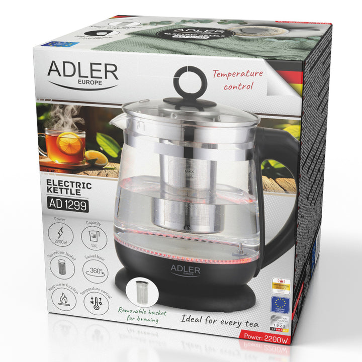 Bollitore in vetro da 1,5 L con infusore e regolazione della temperatura, 2200 W, LED 60–100 °C, Adler AD 1299 nero