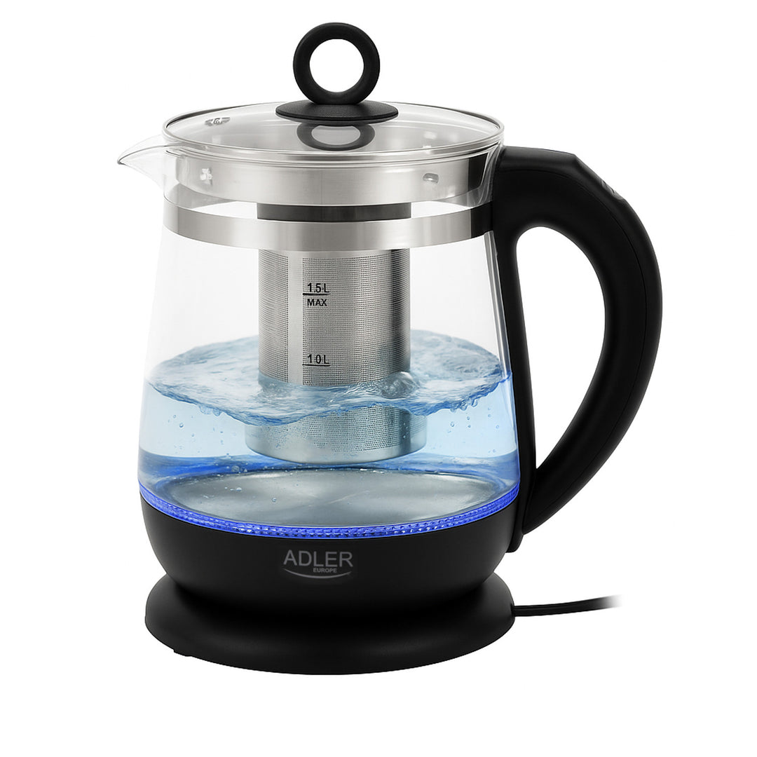 Bollitore in vetro da 1,5 L con infusore e regolazione della temperatura, 2200 W, LED 60–100 °C, Adler AD 1299 nero