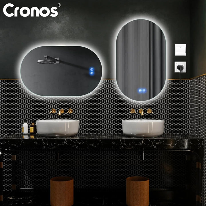 Specchio riscaldato Cronos, ovale 50x80 cm, LED a tre colori, grado di protezione IP44, sistema antiappannamento