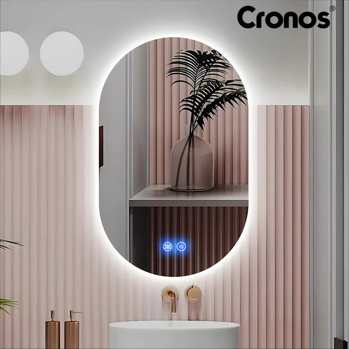Specchio riscaldato Cronos, ovale 50x80 cm, LED a tre colori, grado di protezione IP44, sistema antiappannamento