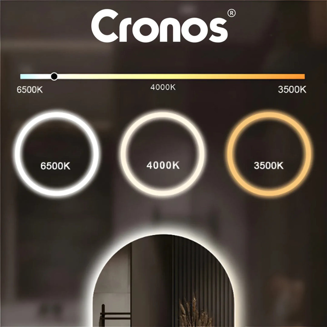 Specchio riscaldato Cronos, ovale 50x80 cm, LED a tre colori, grado di protezione IP44, sistema antiappannamento