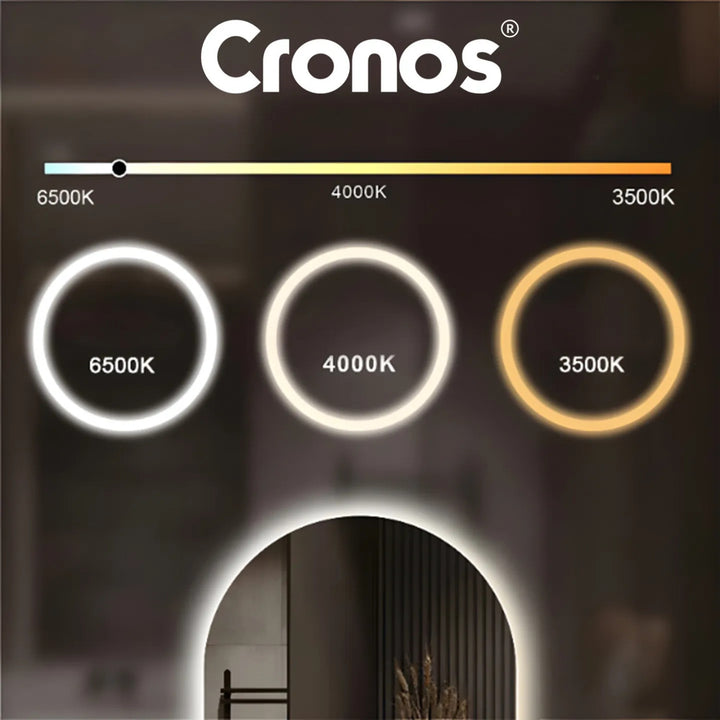 Specchio riscaldato Cronos, ovale 50x80 cm, LED a tre colori, grado di protezione IP44, sistema antiappannamento