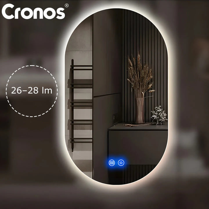 Specchio riscaldato Cronos, ovale 50x80 cm, LED a tre colori, grado di protezione IP44, sistema antiappannamento