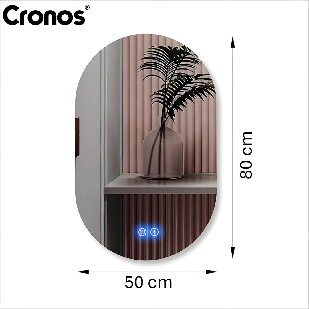 Specchio riscaldato Cronos, ovale 50x80 cm, LED a tre colori, grado di protezione IP44, sistema antiappannamento