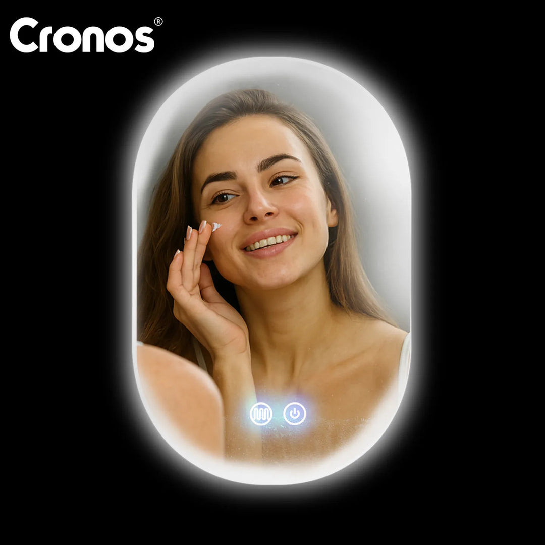 Specchio riscaldato Cronos, ovale 50x80 cm, LED a tre colori, grado di protezione IP44, sistema antiappannamento